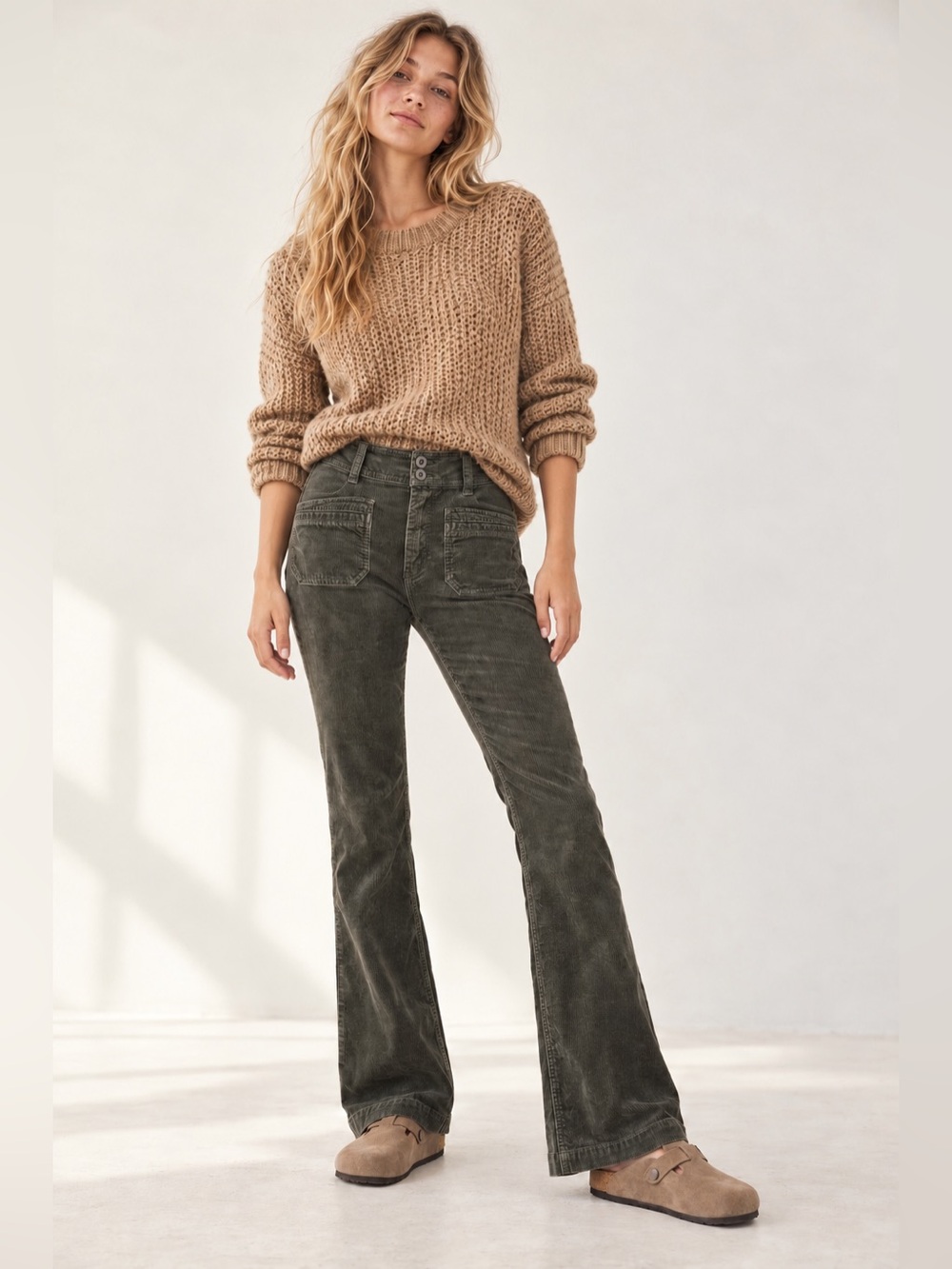 Anthropologie Pilcro High-Rise Bootcut Corduroy Pants Olive